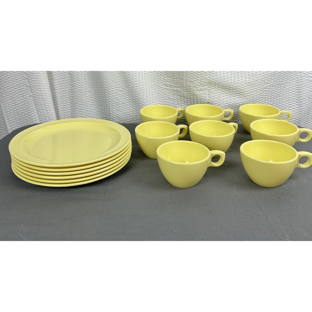 Prolon Melmac Yellow Dinnerware 15 Pc Set 7 Plates 8 Cups Vintage MCM USA